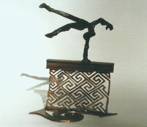  Back view of a Black female nude leaping a wall of Celtic keystone pattern
