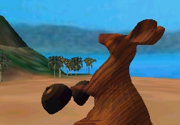 Snap of virtual sculpture of a Wooden Kangaroo afixed to the top of jutebox with a clock where the record changer would normally be.